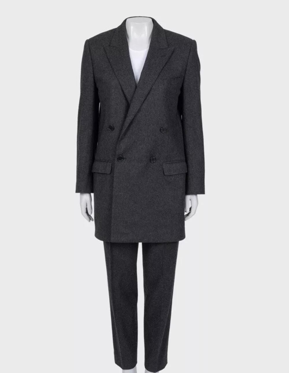 Celine Gray Wool Suit: Dbl-Breasted Jacket & Tapered Pants Sz/36